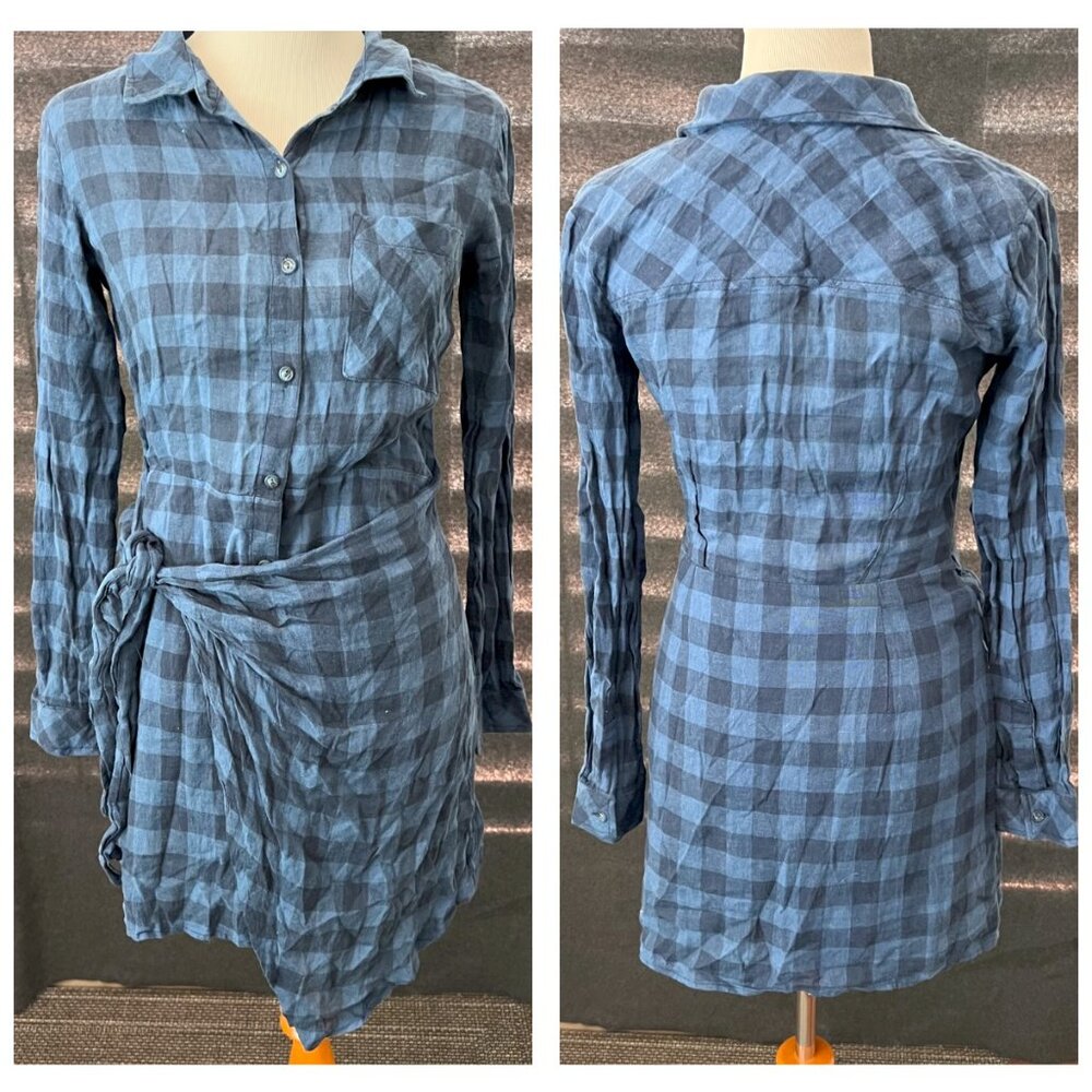 Sanctuary Blue Ani Long Sleeve Plaid Knot Dress Extra Small‎ Linen Plaid - Picture 3 of 7